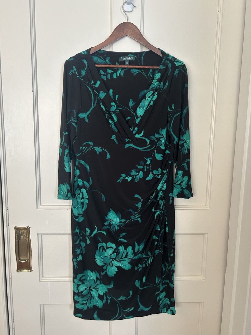 Lauren Ralph Lauren Floral Ruched Jersey Dress Womens Size 16 Green Black Classy